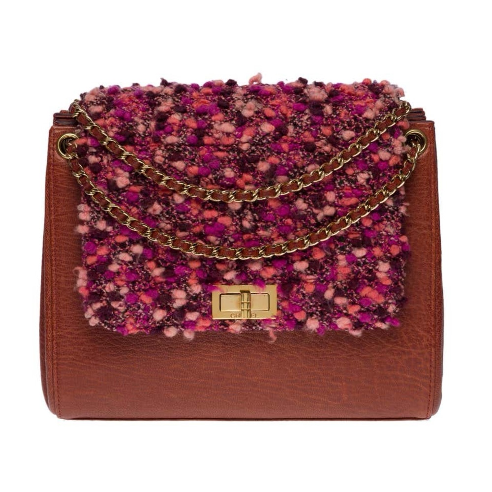 Rare CHANEL Vintage Accordion Camel Calfskin with Tweed Single Flap 2.55